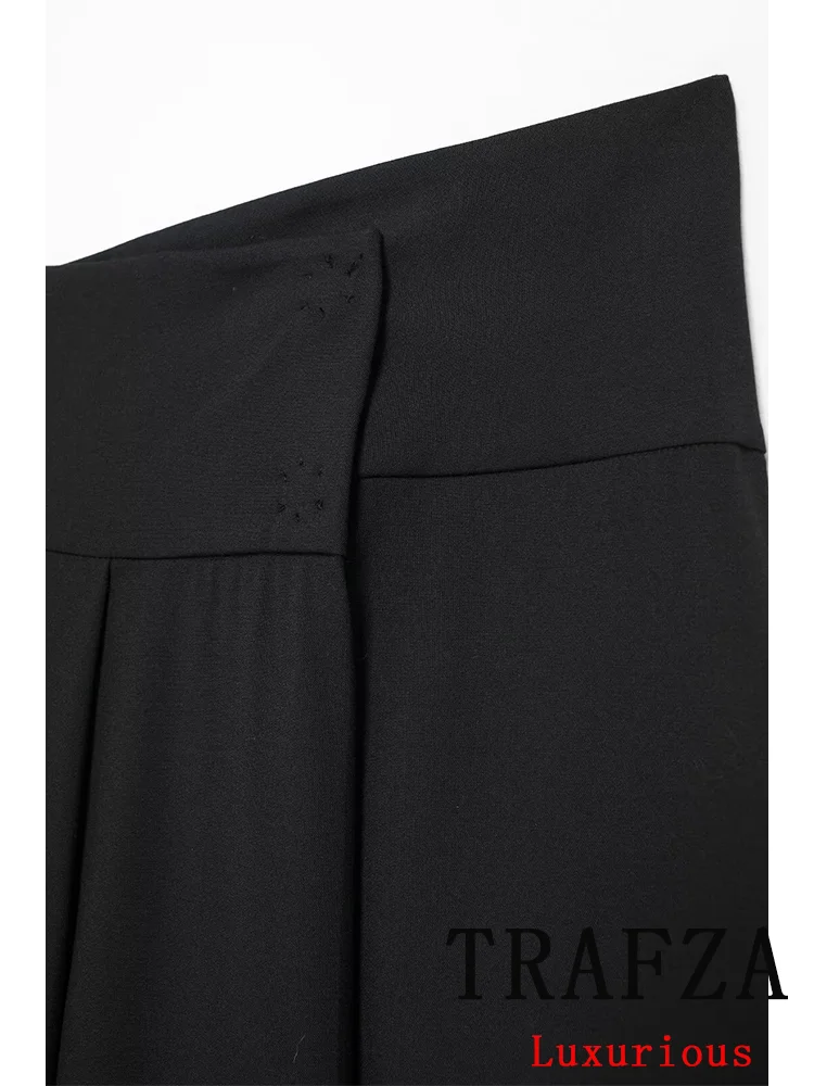 TRAFZA Vintage Casual Chic Women Skirt Solid Wide Pleated Hidden Breasted Long Straight Skirt New Fashion 2024 Autumn Skirts