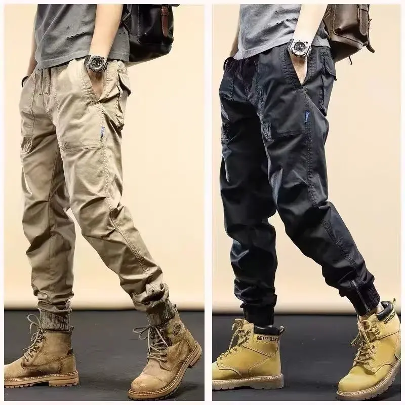 Spring Autumn Fashion Solid Color Multiple Pockets Cargo Pants Man New Classic Waist Drawcord Youth Trend Male Trousers 2023