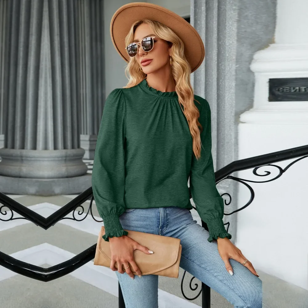 

Women's Shirts & Blouses for Women Elegant Tops Long Sleeve Shirring Korean Popular Clothes Green Blouse Trend 2024 Clothing