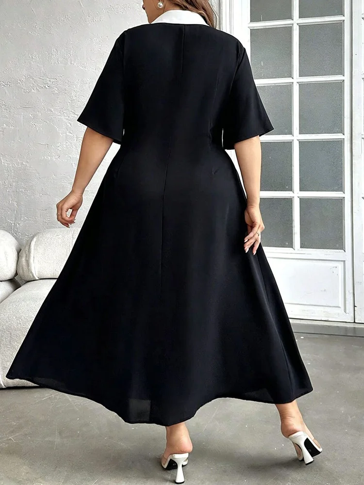 GIBSIE Plus Size Vintage Contrast Double Breasted Dress Women Summer 2026 Elegant Lace-up High Waist A-line Party Long Dresses