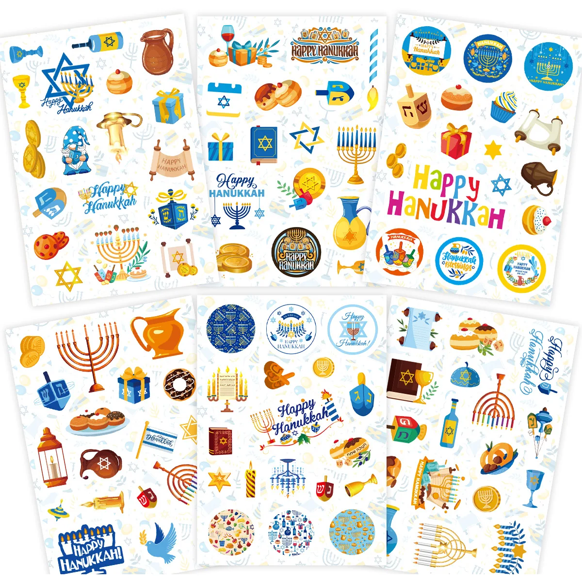 6/12Sheets Hanukkah Party Stickers Jewish Candles Paper Seal Labels for Gift Box DIY Decoration Happy Hanukkah Party Supplies