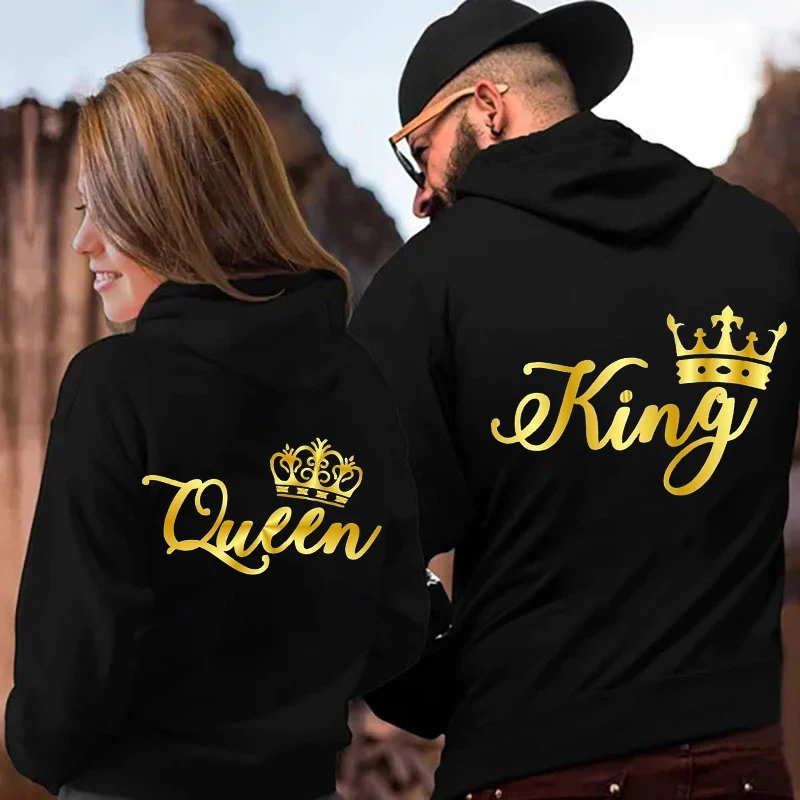 New King Queen sweter bluza Unisex dla par bluza z kapturem Harajuku Streetswear z długim rękawem walentynkowa bluza z kapturem