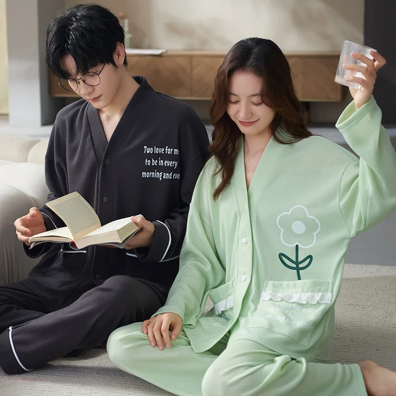 2023 Sleepwear Cotton Pajamas Couple Set Long Button-Down Pyjamas Suit Pijama Women Men Loungewear Plus Size Pj Set Kimono