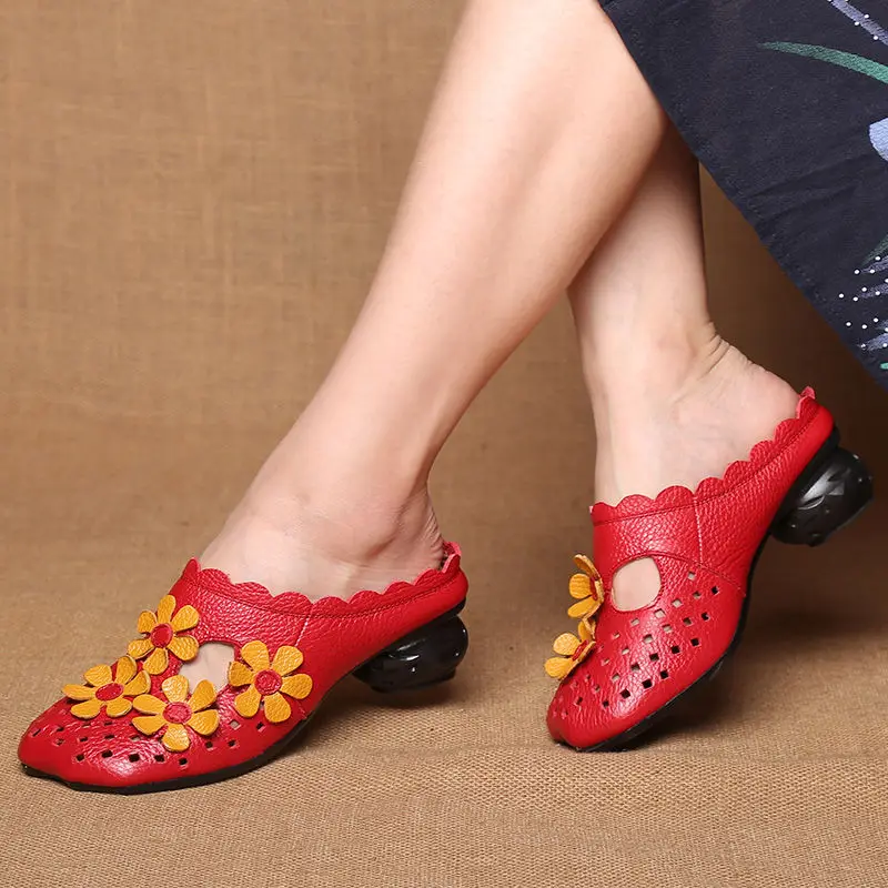 Handmade Genuine Leather Slippers Women\'s Spring Autumn Mules Low Heels Mom Cutout Strings Shoes Woman Wide Orthopedic Slippers