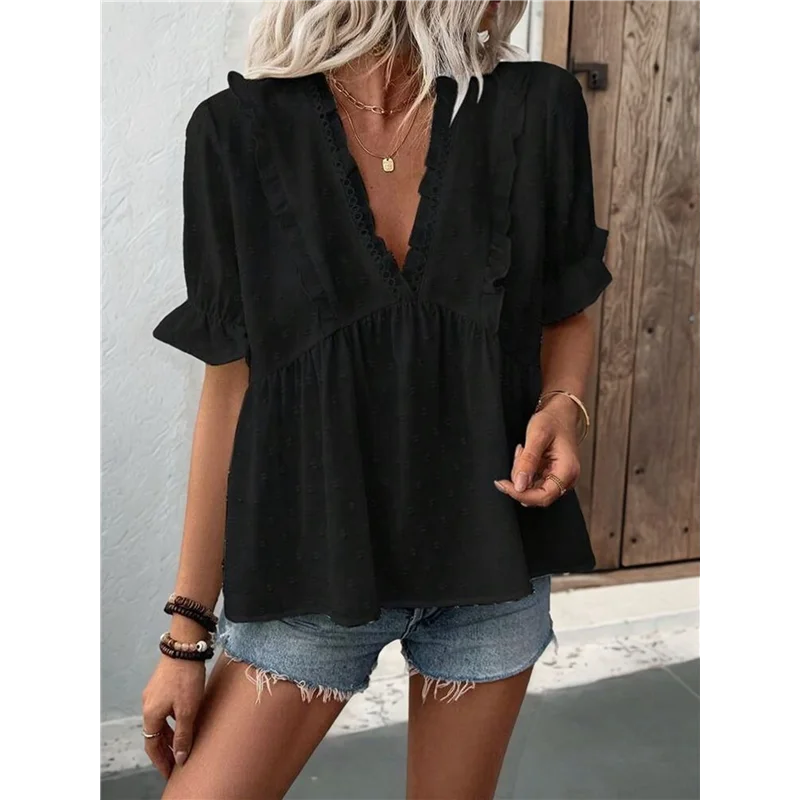 AOAO – Blusa feminina de verão de manga curta babydoll com babados e decote em V e bolinhas