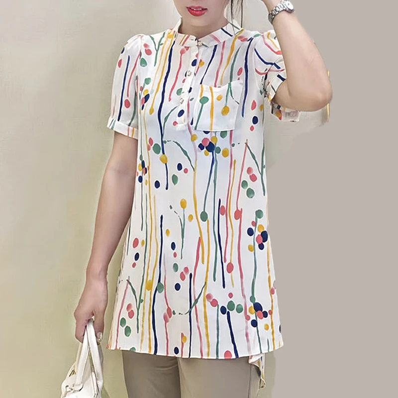 2024 Summer Women Stylish Print Button Up Shirt Elegant Casual O Neck Short Sleeve Blouse Ladies Loose Tunic Tops Chiffon Blusas