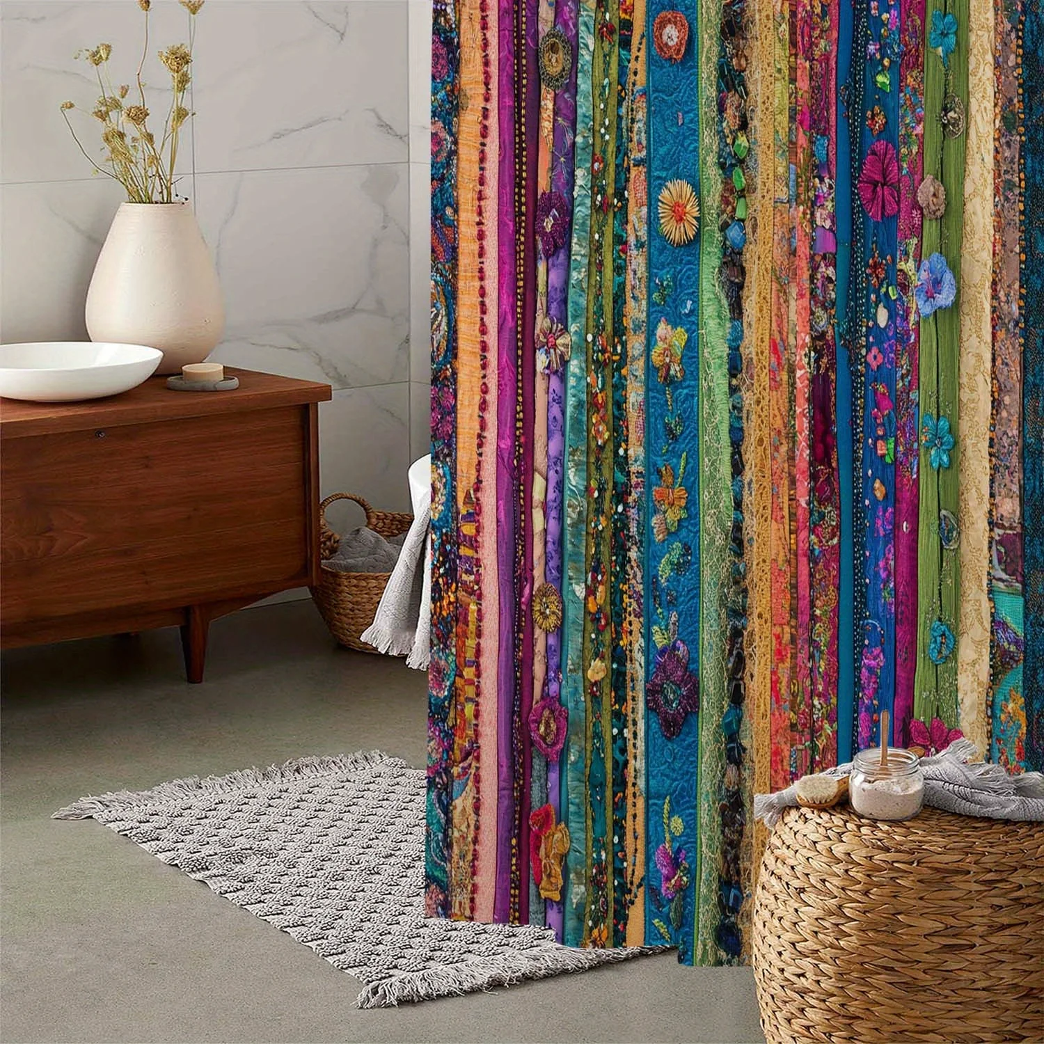 Vibrant Boho Floral Patterned Shower Curtain Waterproof Polyester Bathroom Curtain Bohemian Tropical Home Decor Accent Textile