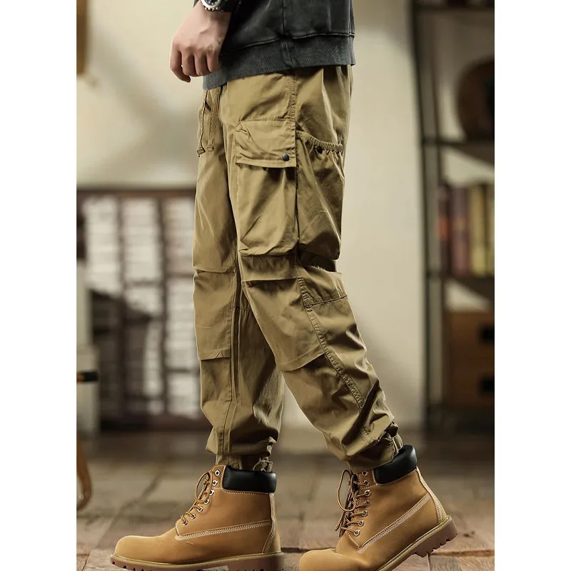Calça esportiva masculina de bolso emendado com cordão, roupa monocromática, simples viajante, moda versátil, nova, primavera e outono