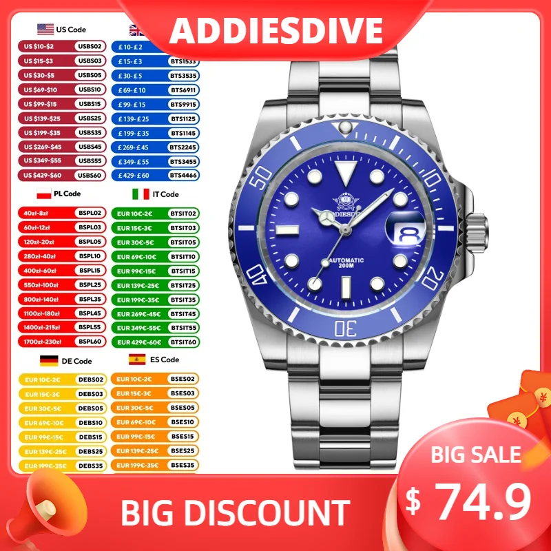 

ADDIESDIVE NEW Sapphire Automatic Watch Stainless Steel Mens Watches 200m Waterproof Fashion Luminous Dive Mechanical Wristwatch