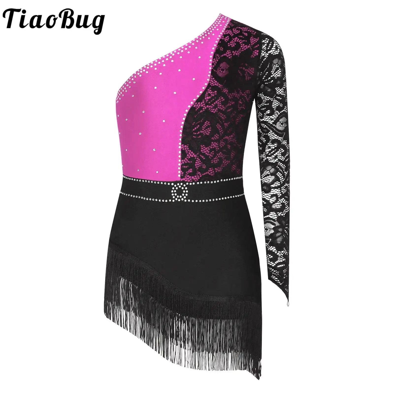 

Kids Girls Latin Leotards Dress Lace One Long Sleeve Patchwork Tassels Bodysuit Dancewear Samba Rumba Jazz Cha Cha Dance Costume