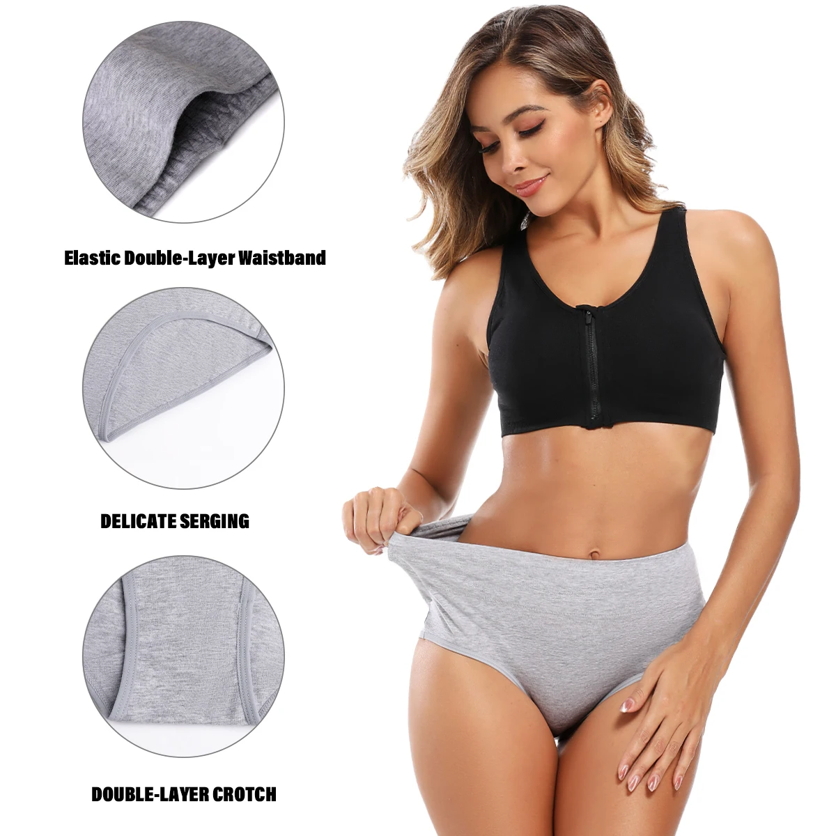 Molasus 5pcs Women\'s Breathable Cotton Panties High Cut Belly Control Briefs Ladies C Section Recovery Underwear Gray Plus Size