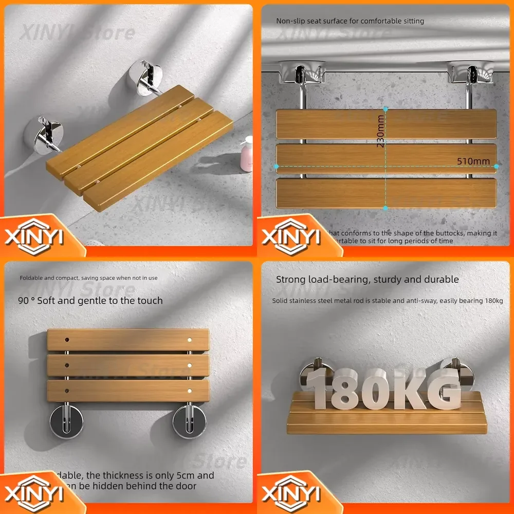 Solid Wood Folding Stool for Bathroom Shower Seat for Elderly for Entryway Shoe Changing Bench for Small Space Saving Safety