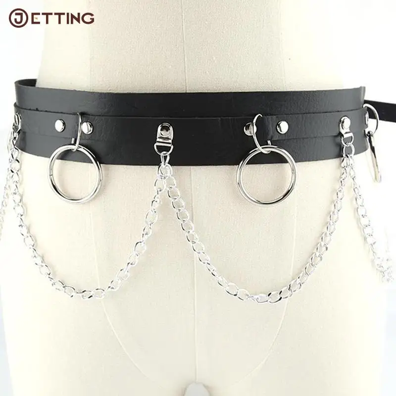 Punk Gothic Faux Leather Belt Metal Chain Ring Waist Strap Street Dance Decor Punk Gothic Rock Harness Waist Chain Skirt Belts