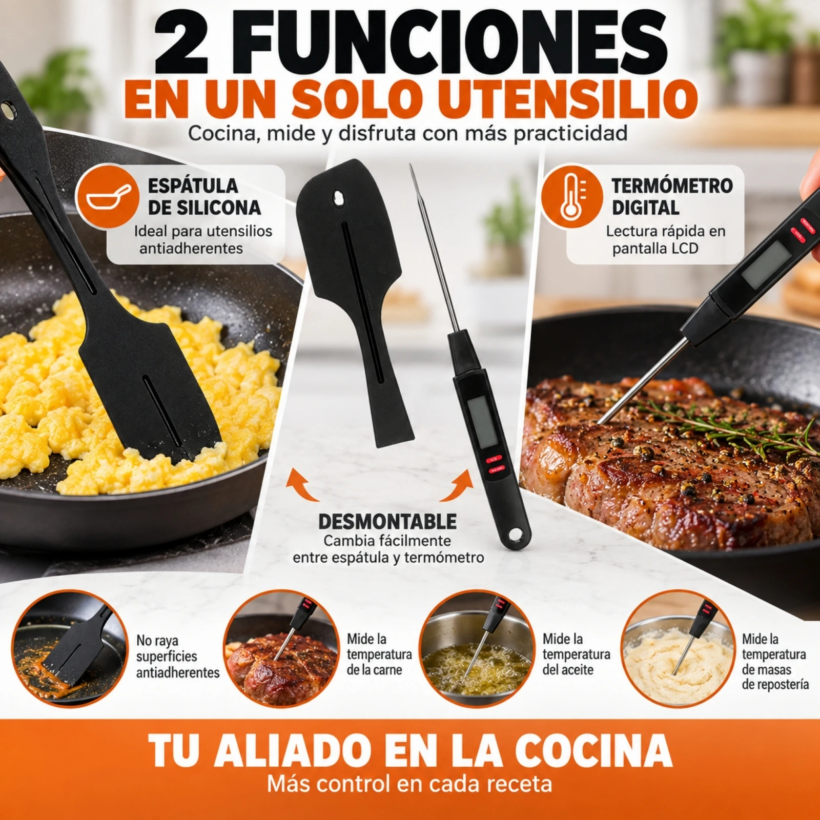 Espátula de Silicona 2 en 1 con Termómetro Digital Integrado para Cocina y Repostería, Pantalla LCD de Lectura Rápida para Carnes, Aceites y Masas, Color Negro, 9 x 32.5 x 2.5 cm
