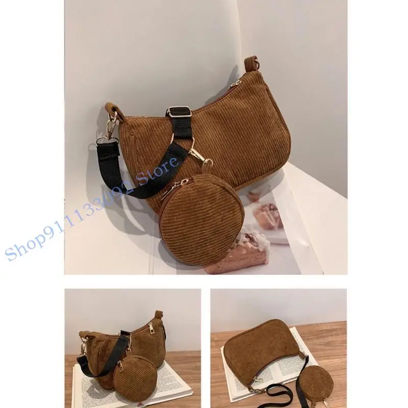 حقيبة كتف H9ed Corduroy مع أكياس كروسة حقيبة عملة معدنية لضرورياتك
