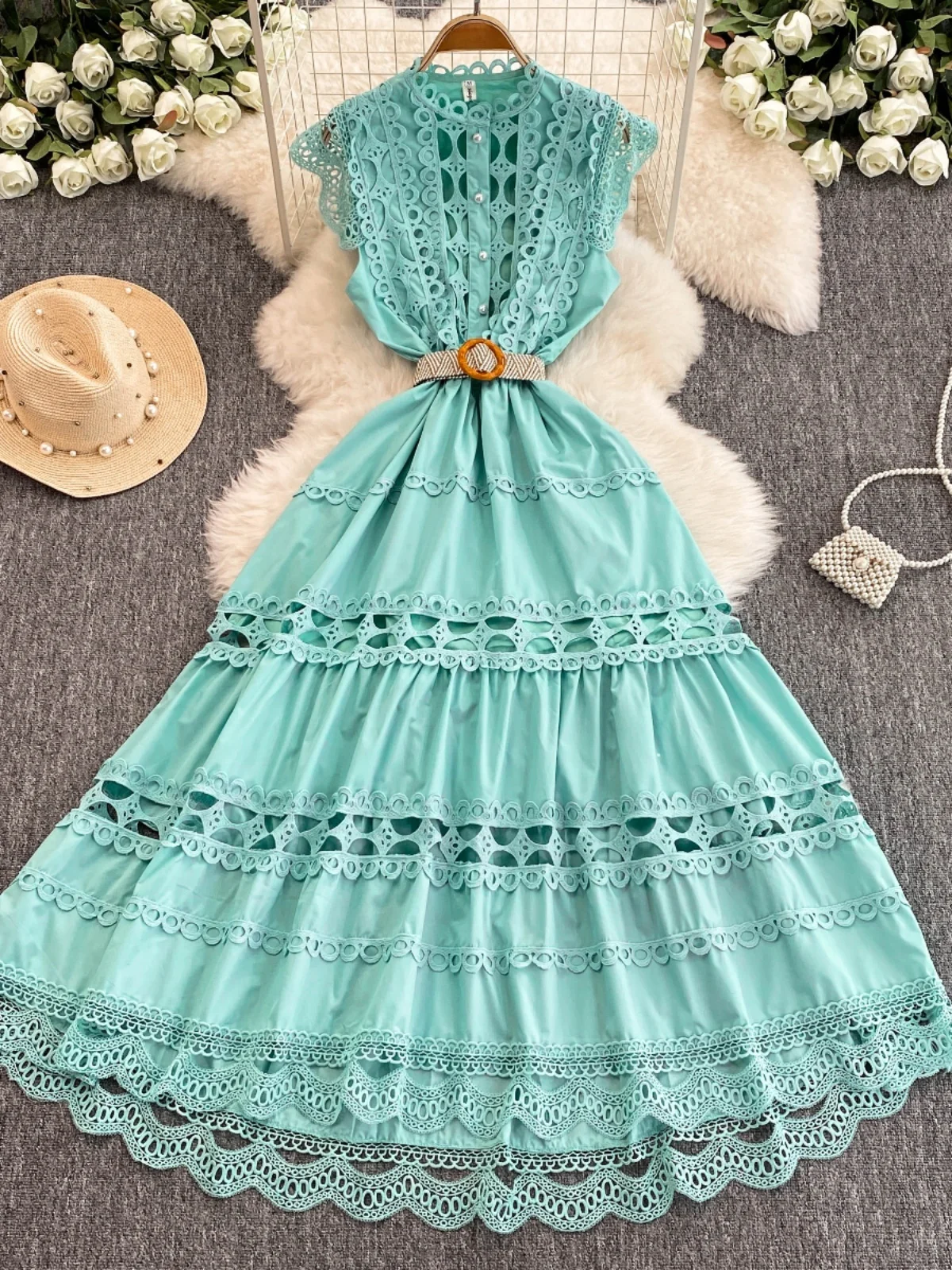 

Ele Hollow out Embroidery Lace Trim Splice Svel Slimming Waist Design Stand Collar Dr Korean Sle Commute