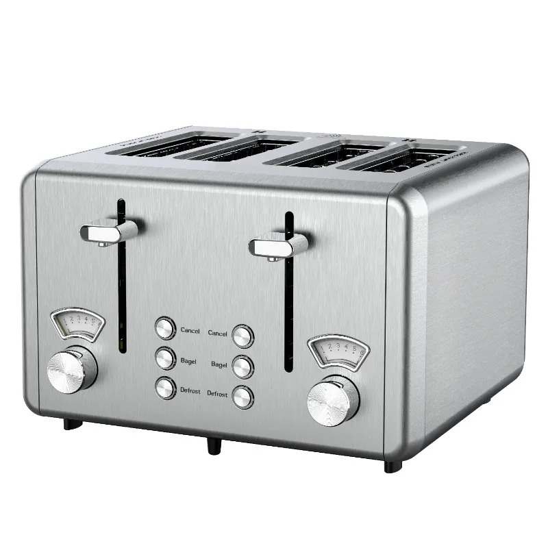 WHALL 4-Scheiben-Toaster, Bagel-Toaster aus Edelstahl mit zwei Bedienfeldern, breitem Schlitz, 6 Schattenfassungen, herausnehmbarer Krümelschale