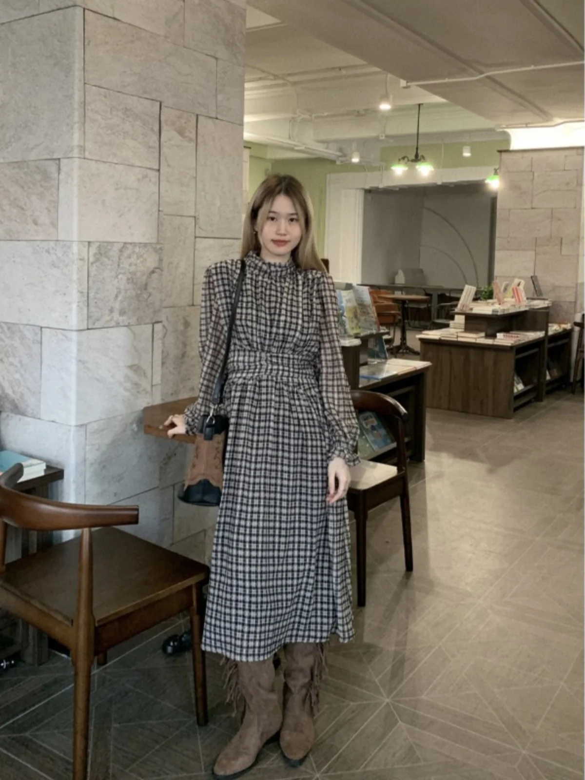 

plus Size Women's Vintage Plaid Long Sve Dr A-Line Waist-Cinching Autumn Winter New Sle Commute Korean Sle Dr