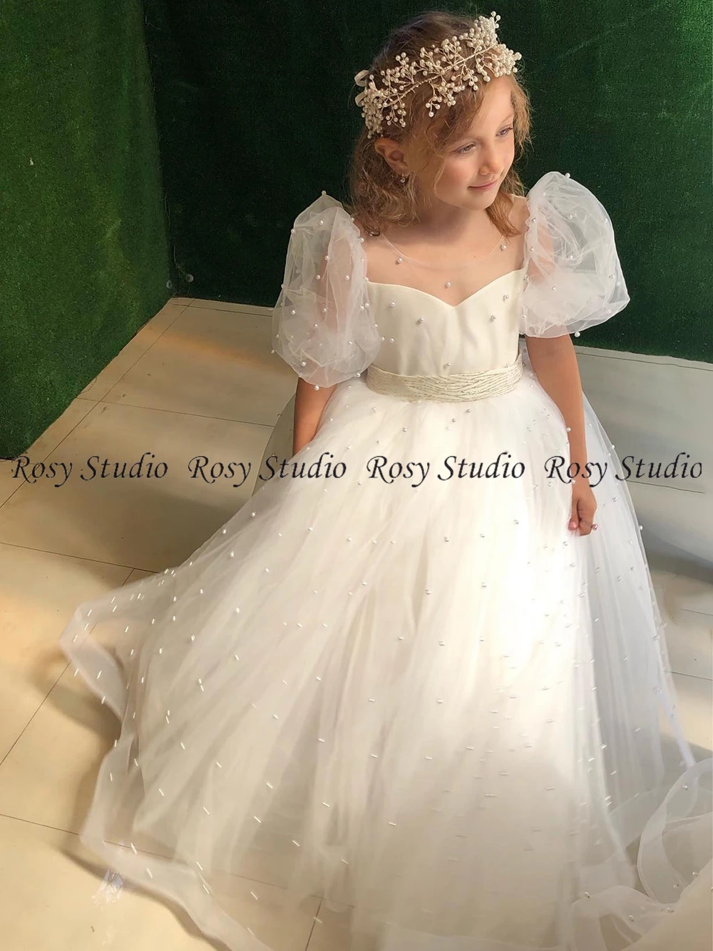 Elegant Pearls Flower Girl Dress O-neck Short Sleeves Kid's Birthday Party Dresses A-line Princess Baby First Holy Communion