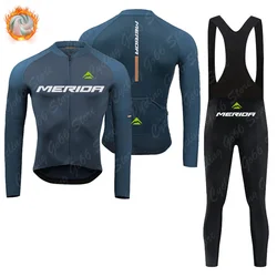 Merida Winter Thermal Fleece Cycling Clothing Man's Long Sleeves Warm Cycling Jersey Set Windproof Warm MTB Road Bike Sportswear