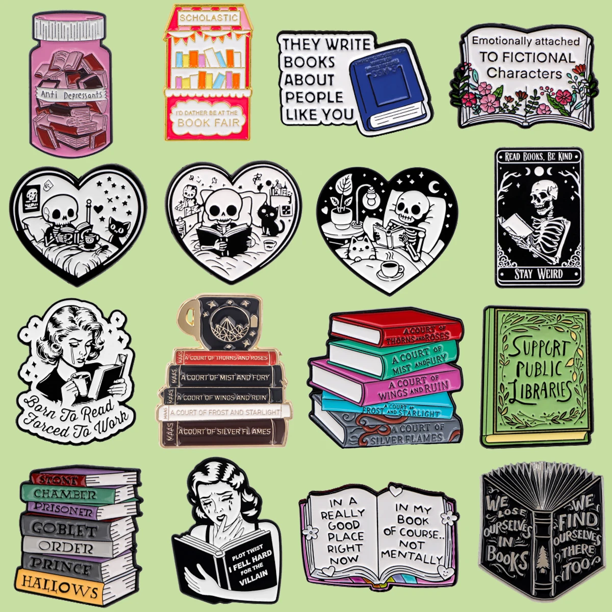 Bookworm\'s Delight Enamel Pin Black Cat Skeleton Brooches Lapel Pins Books Badges on Backpack Clothing Accessories Reader Gifts