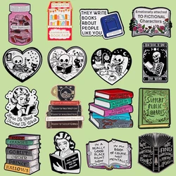 Bookworm's Delight Enamel Pin Black Cat Skeleton Brooches Lapel Pins Books Badges on Backpack Clothing Accessories Reader Gifts