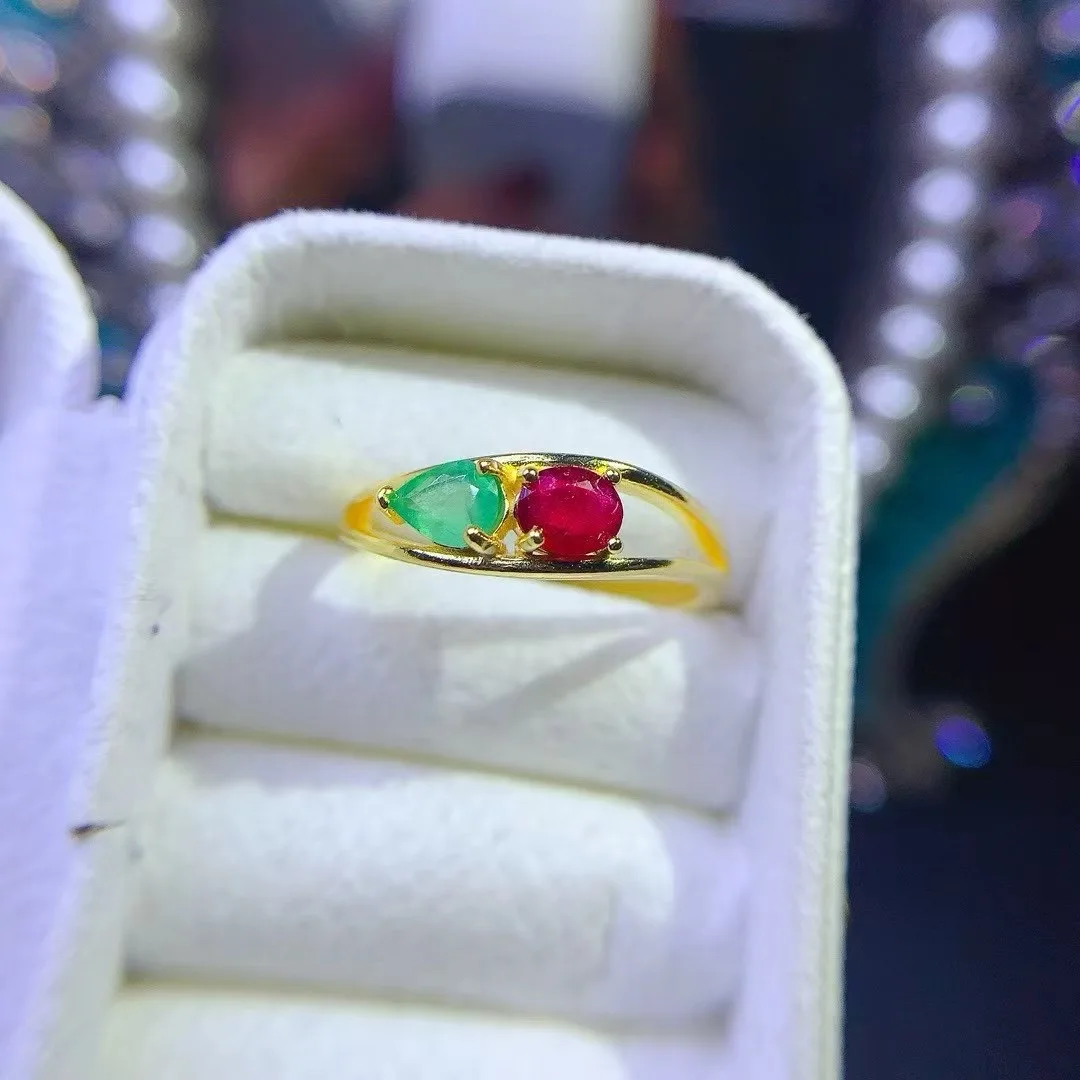 

KJJEAXCMY High End Women's Ring Natural Ruby And Emerald S925 Silver with Electroplating Boasting High Clarity Full Brilliance