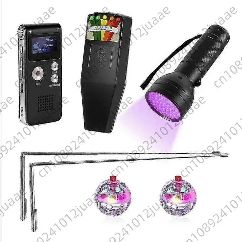 7 pieces ghost hunting equipment, dragon ruler, purple light, night vision flashlight, tape recorder, glowing pet cat ball