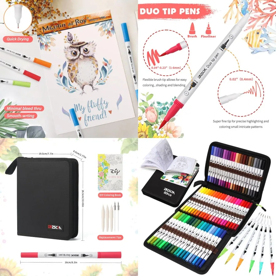 

ZSCM Art Duo Tip Brush Markers Set 60 Colors Fine Brush Tip Artist Drawing Pens Set with Coloring Book for Adult Sketching Jour