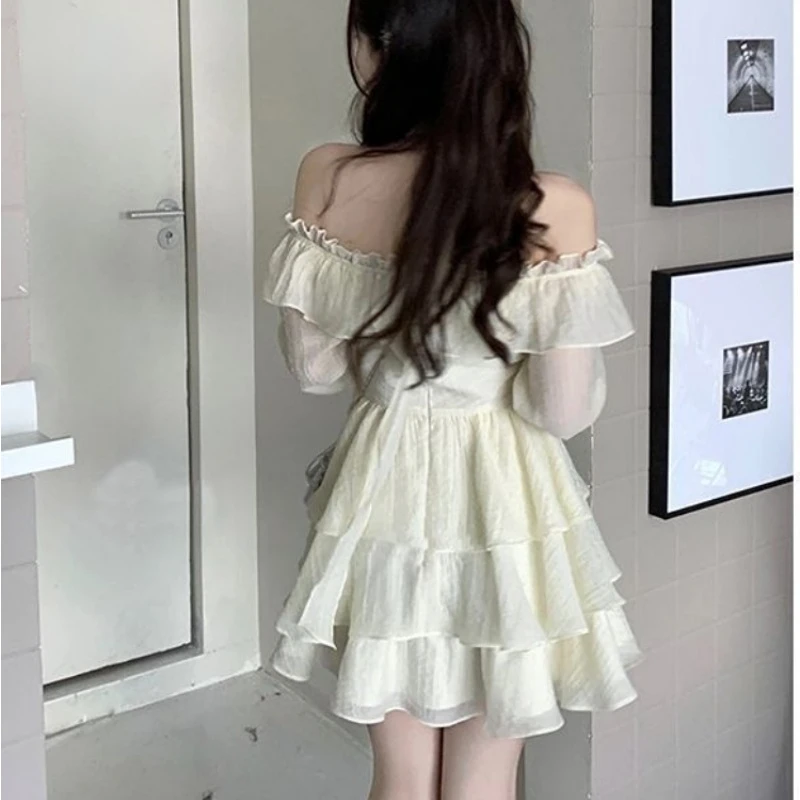 Sweet Lolita Style Dress Korean Harajuku Slash Neck Mesh Ruffles Bandage Princess Dresses Girls Cute Puff Sleeve Party Dress