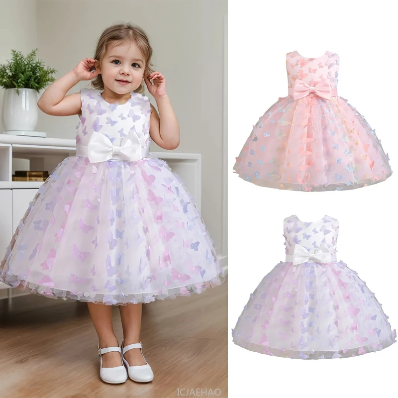 

2025 New Sleeveless Girls Dress Children Costume Small Bow Princess Gown Sweet Cute Kids Birthday Party Outfit Vestido Dresses