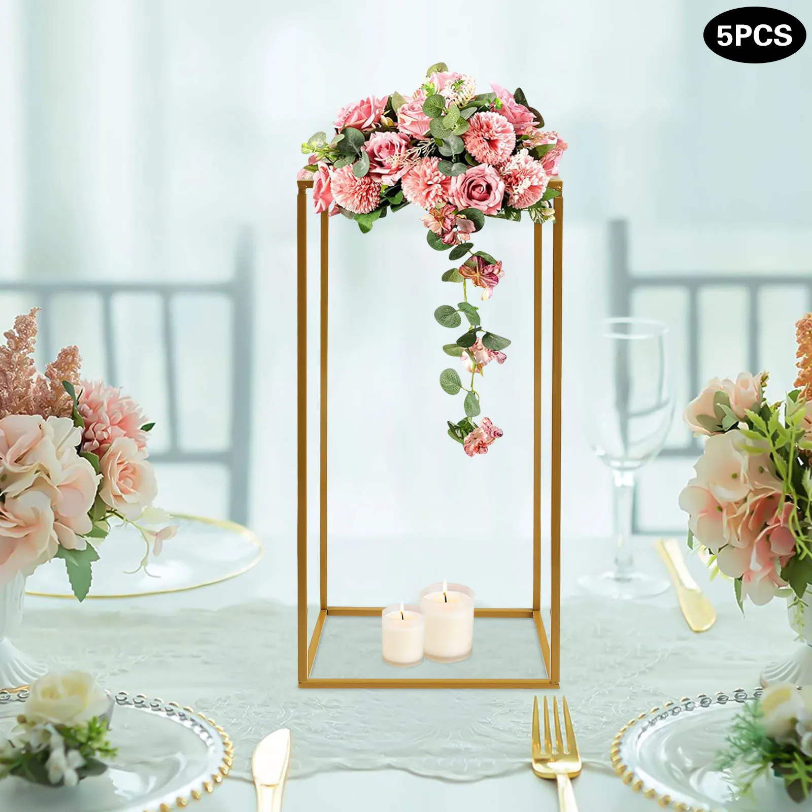 5Pcs Metal Wedding Flower Stand, Rectangular Flower Holder, Table Centerpiece, Dinner Party Centerpieces Table Decor Gold