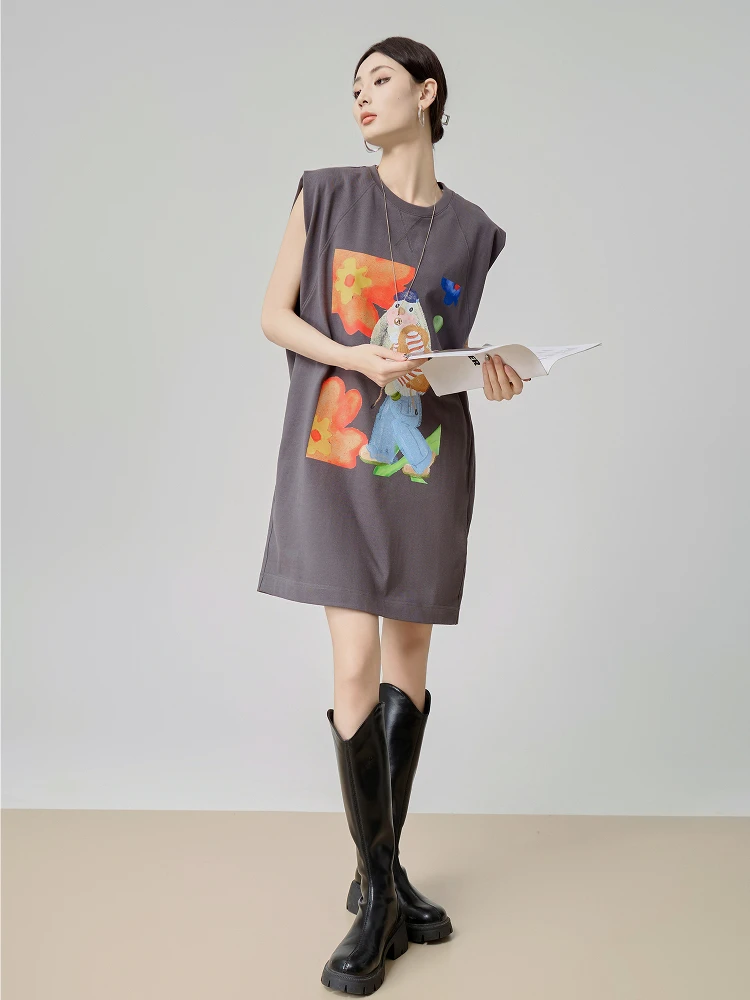 

Loose Svel round Ne T-irt Women's ey Print Casual Summer Top Mid-Length Comfortable Polyester Fabric