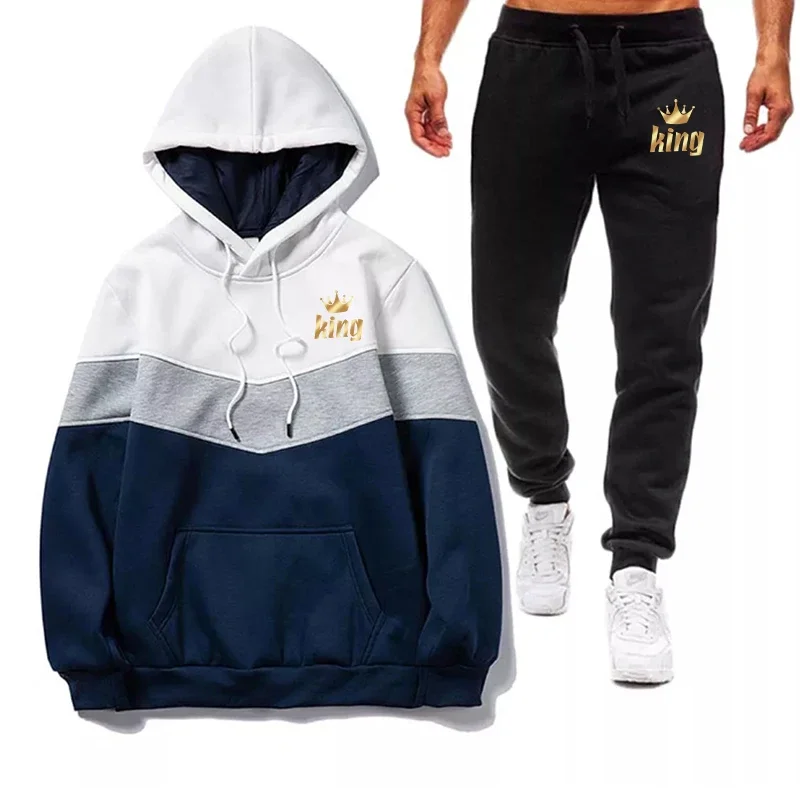 

Men's Fashion Color Matching Tracksuit Spring Autumn Hooded Pullover + Pants Suit Man King Printed Hoodies Two Piece Set (S-4XL)