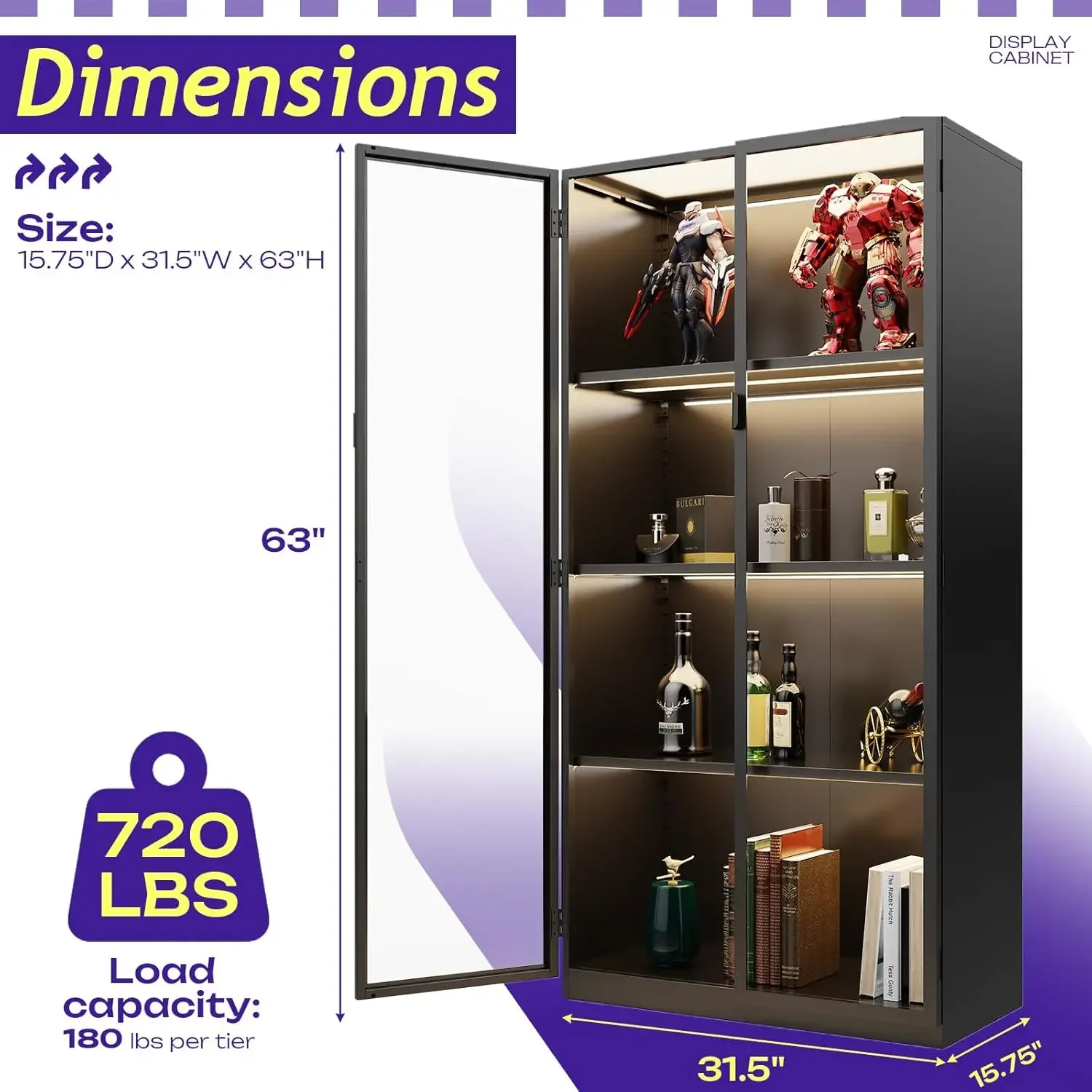 63 Inch Black Glass Door Display Cabinet 4 Tier Curio Case With Adjustable Shelves 3 Color Lights For Collectibles Toys Books Fi