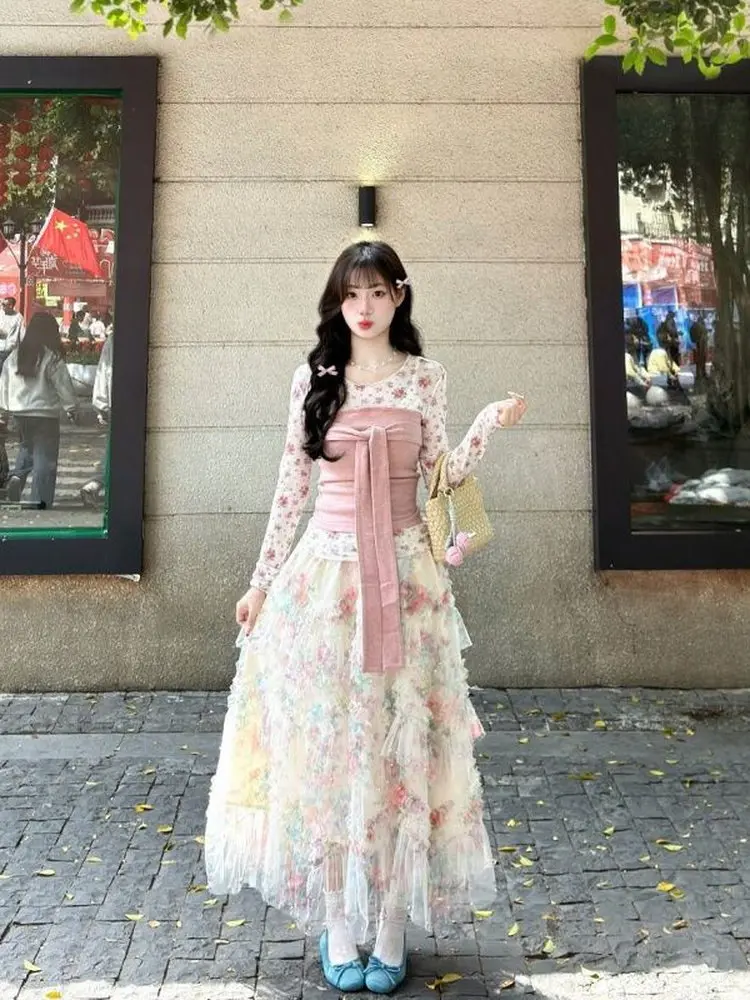 

Spring Summer Floral Print Long Sleeve Shirt And Lace Skirt Set Women's Fashion Three Piece Suit Unique Beautiful Small Package