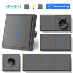 BSEED Large Button Switches With LED Indicator 2Way Wall Light Switches USB Phone Charge Port Wall Power EU Socket Gray E-Series