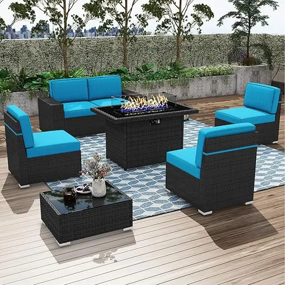 

7 Pieces Patio Furniture Conversation Sofa Set with 44" Propane Gas Fire Pit Table, Outdoor Sectional Rattan Wicker Sofa Set