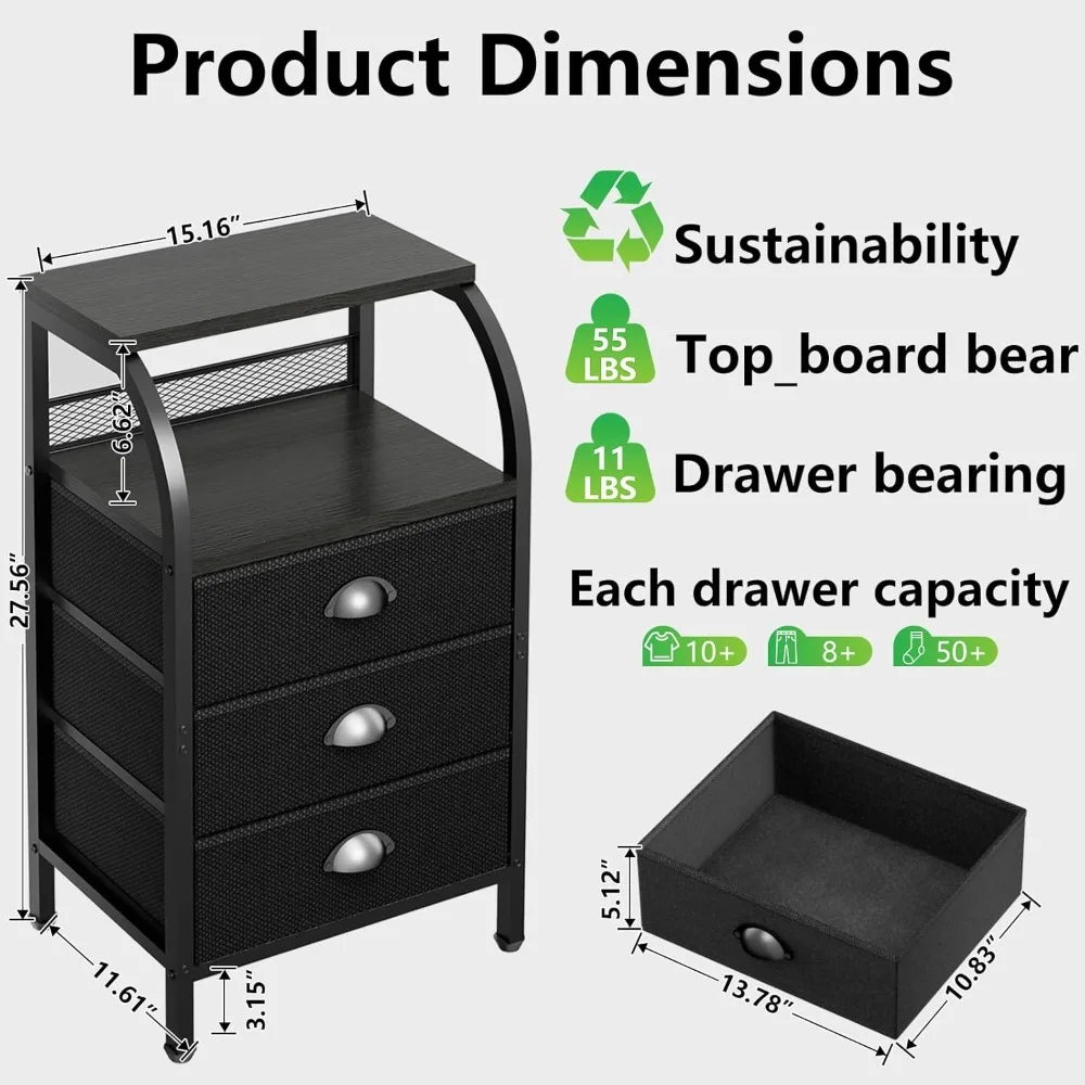 منضدة معاصرة سوداء ذات 3 أدراج مع أرفف مفتوحة للتخزين بجانب السرير #2