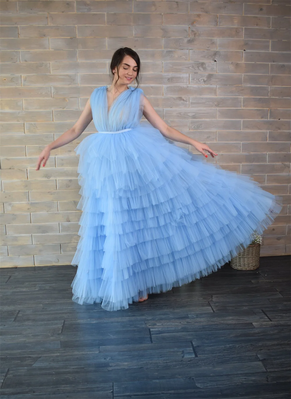 Jessica Light Blue Prom Dress Tulle Layering Evening Dresses Elegant Ladies V-neck Prom Dresses Party Dresses 2024Wedding Dress