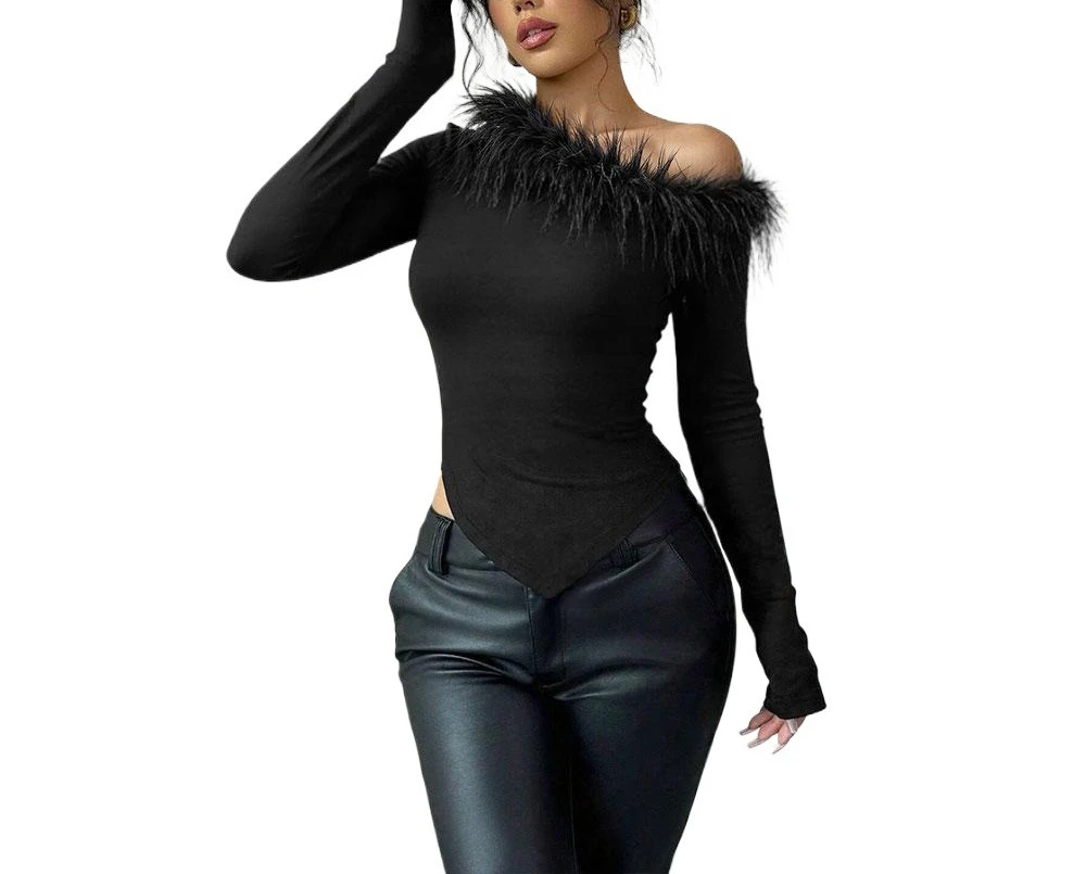 Otoño e Invierno diseño de nicho empalme de plumas un solo hombro dobladillo Irregular ajustado Top de manga larga Mujer