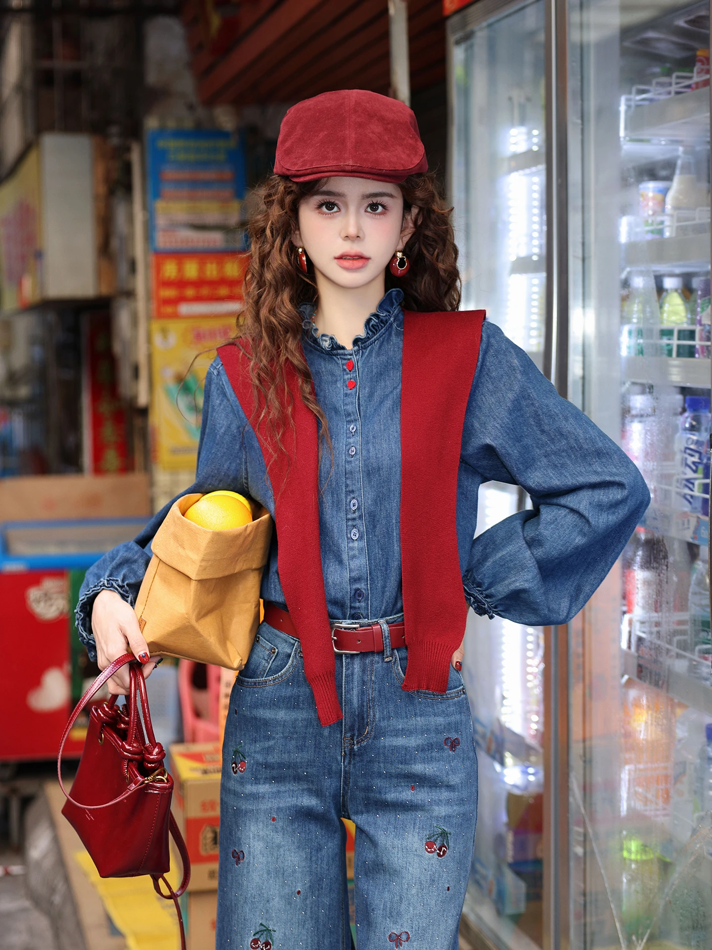 

Chend Vintage Denim Sle Long Sve Women's irt Blue High Quali Agel Top Loose Fit Button Detail Polyester Cotton Blend