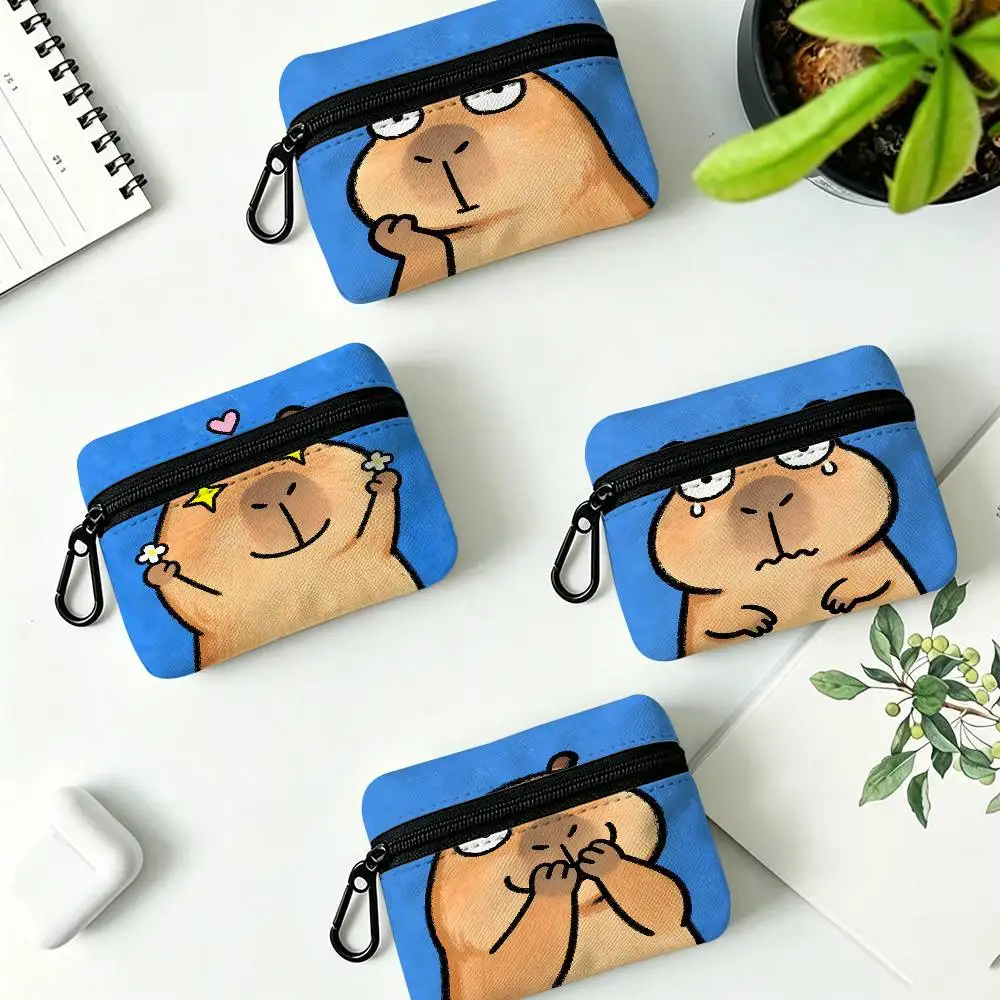 Cute Capybara Oxford Fabric Mini Coin Wallet Smooth Zipper Hanging Design Multi-use Small Storage Bag For Travel