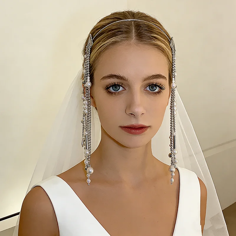 

Искусственный жемчужный свадебный ободок для волос с длинной цепочкой-кисточкой, дизайнерский аксессуар для волос для женщин, модель B