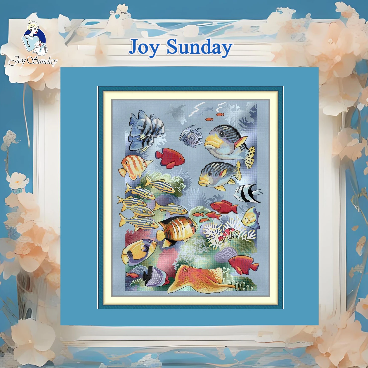 

Joy Sunday Pre-printed Cross Stitch Kit Easy Pattern Aida Stamped Fabric Embroidery Set-Tropical Fish 8
