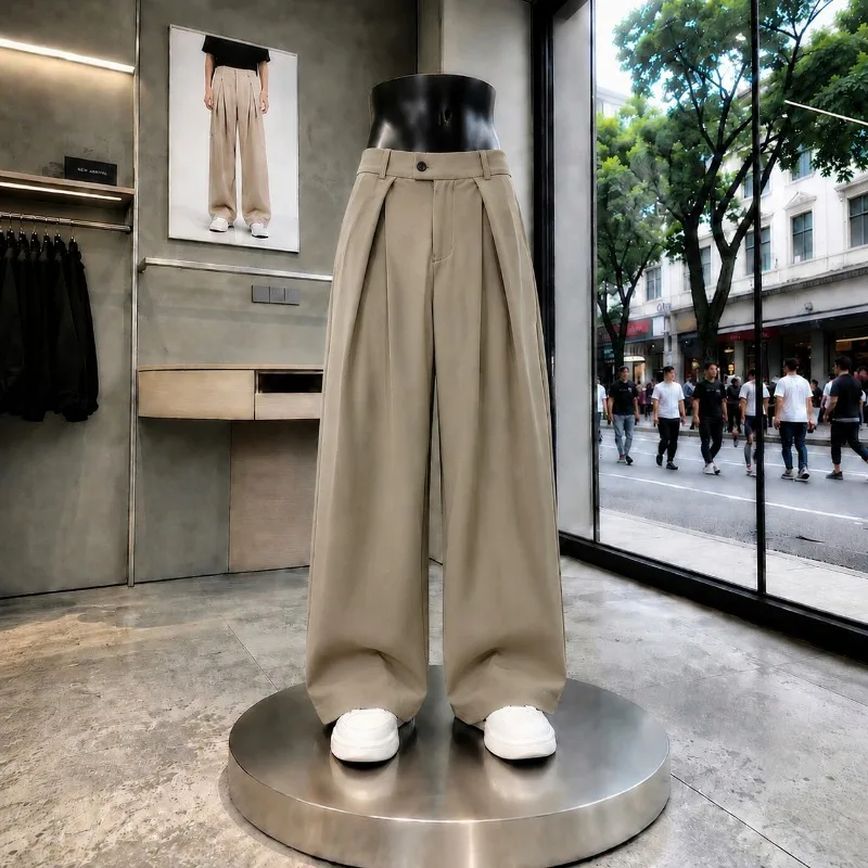 Herrenhose im amerikanischen Stil, locker geschnitten, mit Falten, weitem Bein, im Old-Money-Stil, drapierend, lässige lange Hose für Männer. – Detail 3