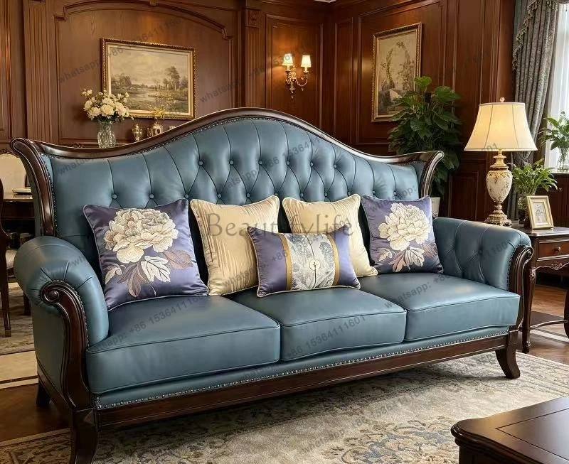 Retro American classic leather sofa American all solid wood furniture sofa