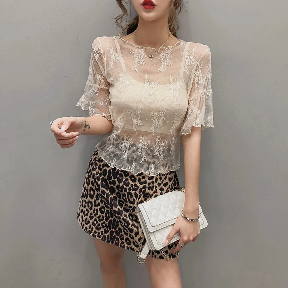 

O Neck Flare Sleeve Short Sleeve T Shirt Women Black White Coffee Brown Apricot Color S-XL See Through Flower Lace T-shirt Top