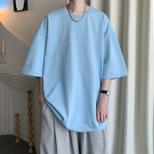 Imagen 2 del producto Camisetas de algodón de verano para hombre, camisetas informales lisas, camisetas holgadas de manga corta para hombre, camiseta blanca y azul a la moda, ropa masculina de talla grande 5XL