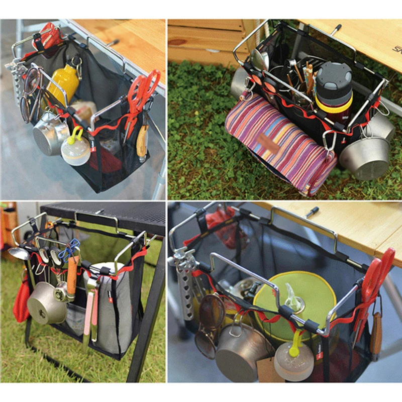 Portable Storage Grid Picnic Table Stand For Outdoor Camping Barbecue Kit Kitchen Shelf Storage Net Bag